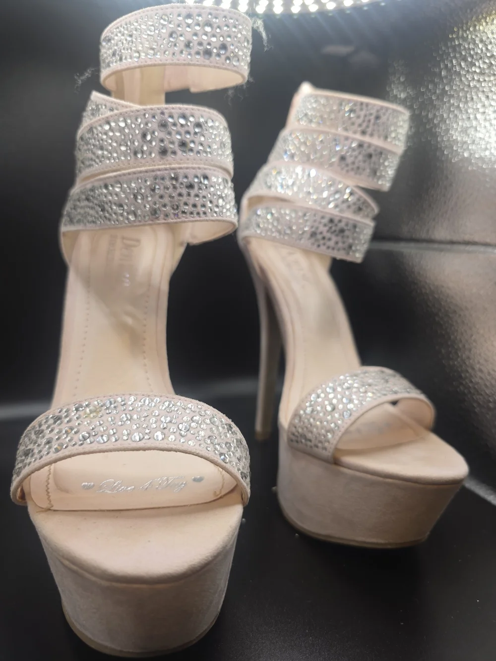 Shoe Dazzle Embellished Blush Platform Heels with Ankle Straps